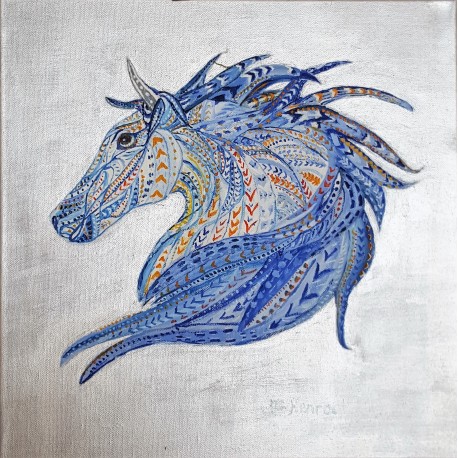 Het blauwe paard, olieverf schilderij op linnen